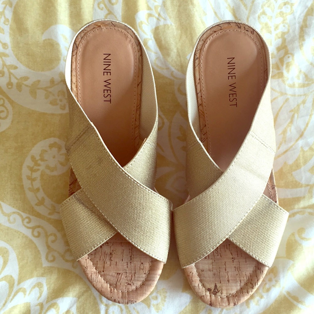 Nine West Gold Wedge Slides Size 8